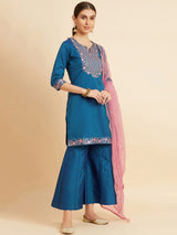 Blue embroidered Straight Calf Length Kurta With Palazzo & Dupatta Set