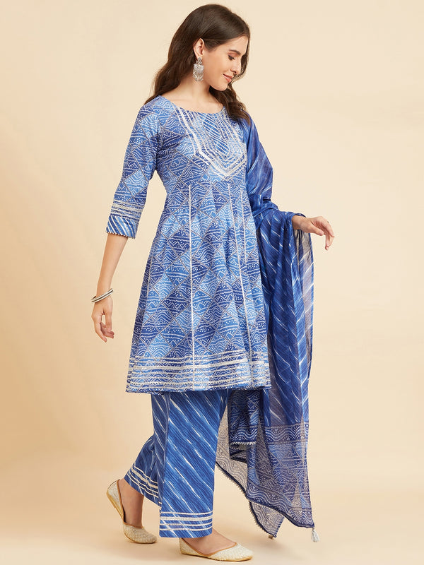 Blue Cotton Flared Kurta With Palazzo & Dupatta Sharara Set