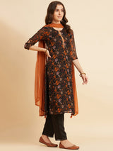 Black Chiffon Straight Calf length Kurta With Palazzo & Dupatta Set