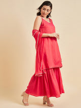 Solid Straight knee Length Kurta With Sharara And Dupatta Set