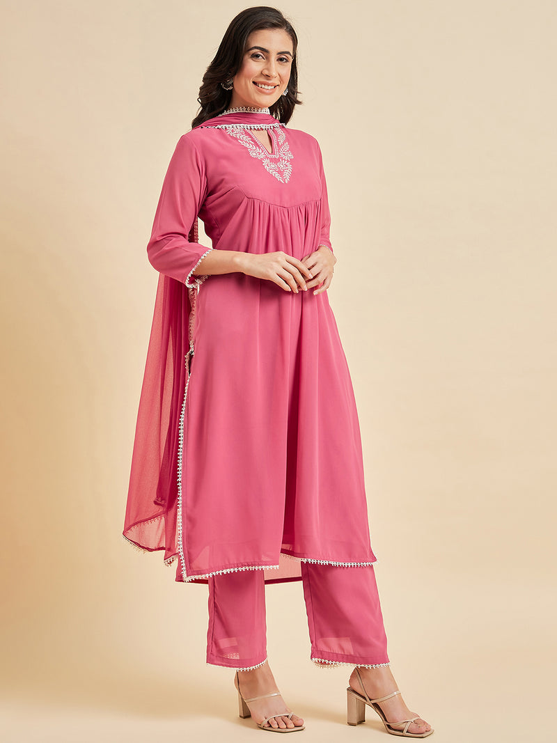 Embroidered Georgette Straight Calf Length Kurta With Palazzo And Dupatta