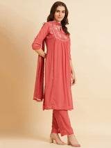 Pink Georgette Straight Calf Length Kurta With Palazzo & Dupatta Set