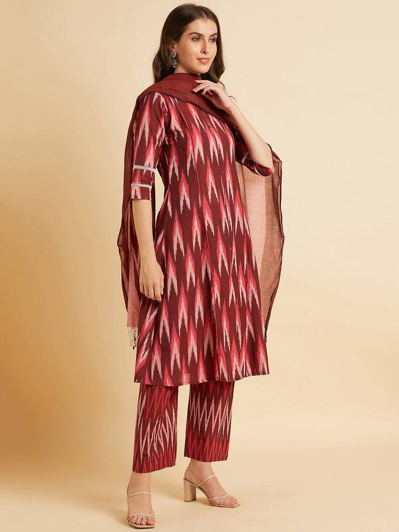 Maroon Cotton A-Line Calf Length Kurta With Palazzo & Dupatta Set