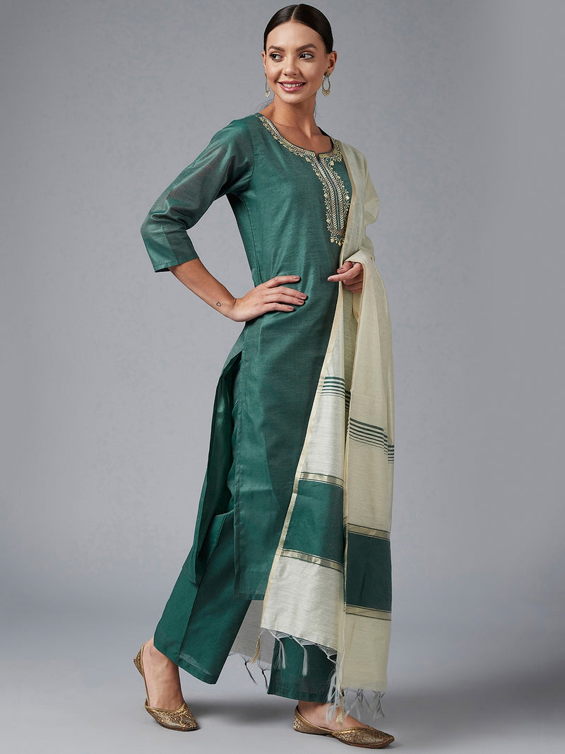 Green Embroidered Kurta With Dupatta & Palazzo