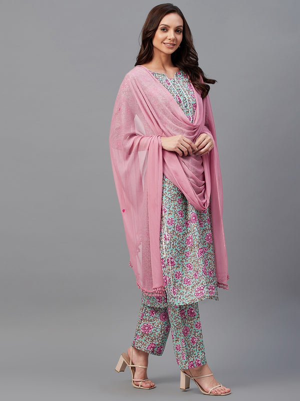 Straight Calf Length Kurta With Palazzo & Dupatta