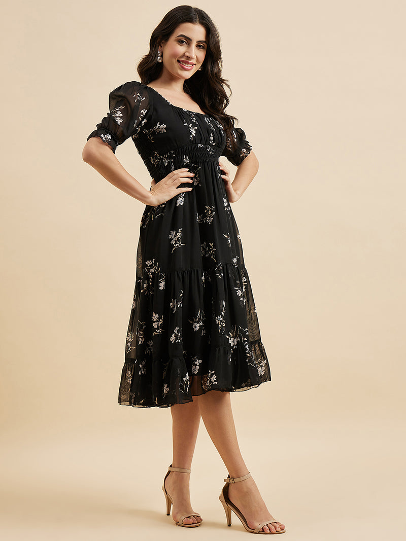 Black Printed Smocking Dress