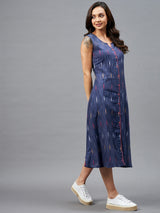 Navy Blue Ikkat Printed A-Line Button Down Dress