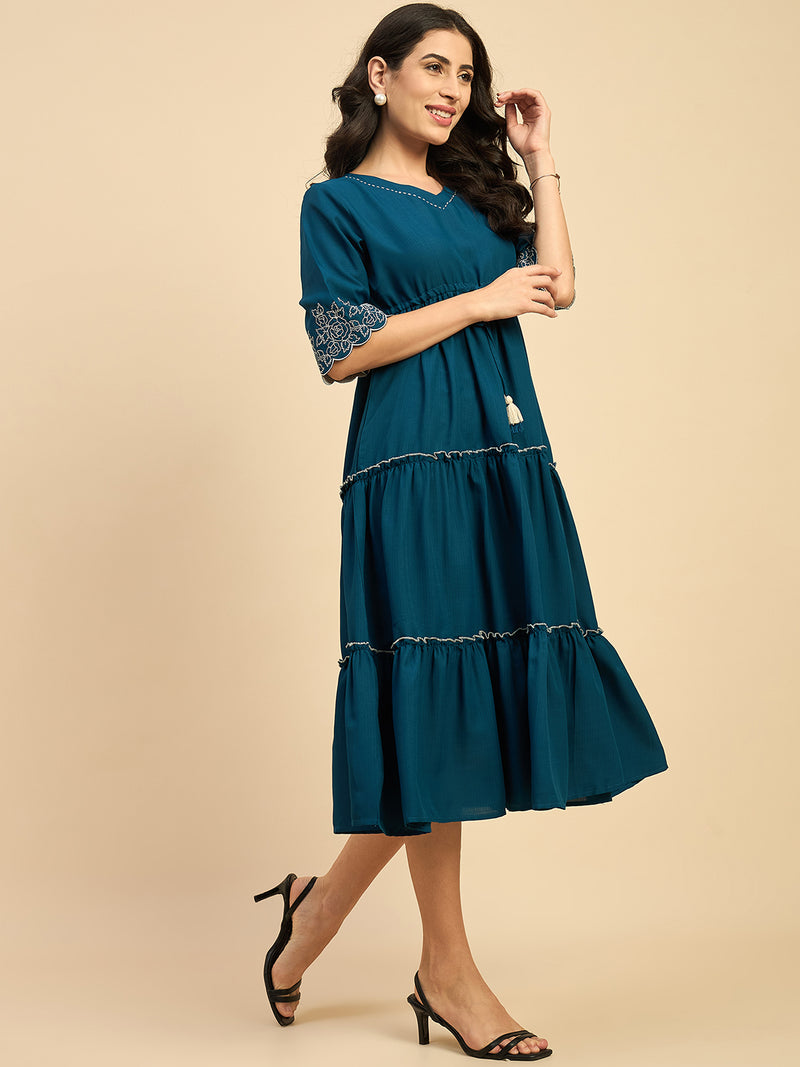 Blue Solid Embroidered Flared Dress