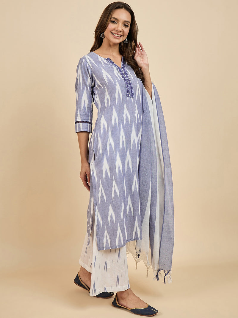 Ikat Printed Kurta With Palazzo & Dupatta