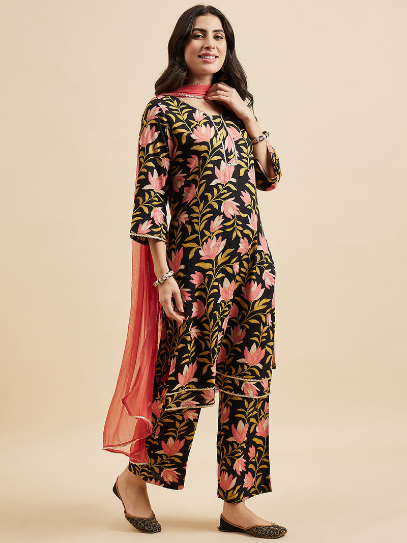 Floral Printed Kurta With Palazzo & Dupatta Set