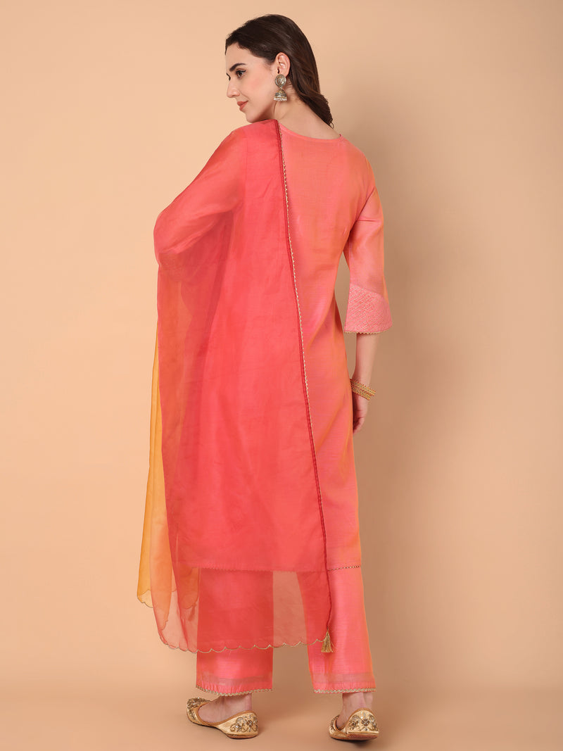 V-Neck Embroidery Kurta With Palazzo & Dupatta Set