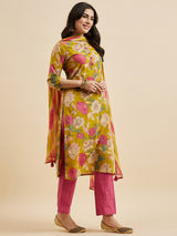 Floral Printed Kurta With Palazzo & Dupatta Set