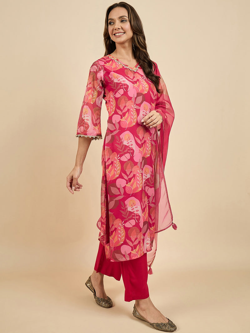 Floral Printed Kurta With Palazzo & Dupatta Set