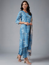 Tie & Dye Blue Kurta With Palazzo & Dupatta Set