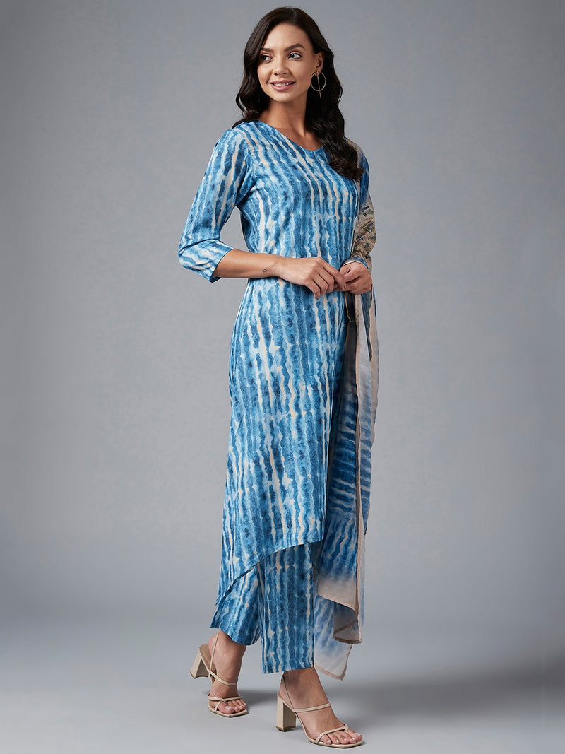 Tie & Dye Blue Kurta With Palazzo & Dupatta Set