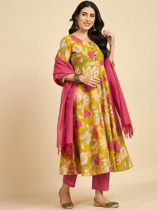 Floral Printed Kurta With Palazzo & Dupatta Set