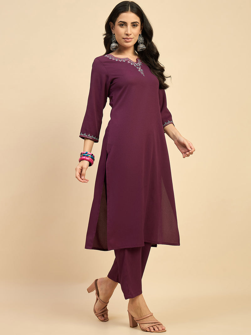 Solid Embroidered Kurta With Palazzo Set