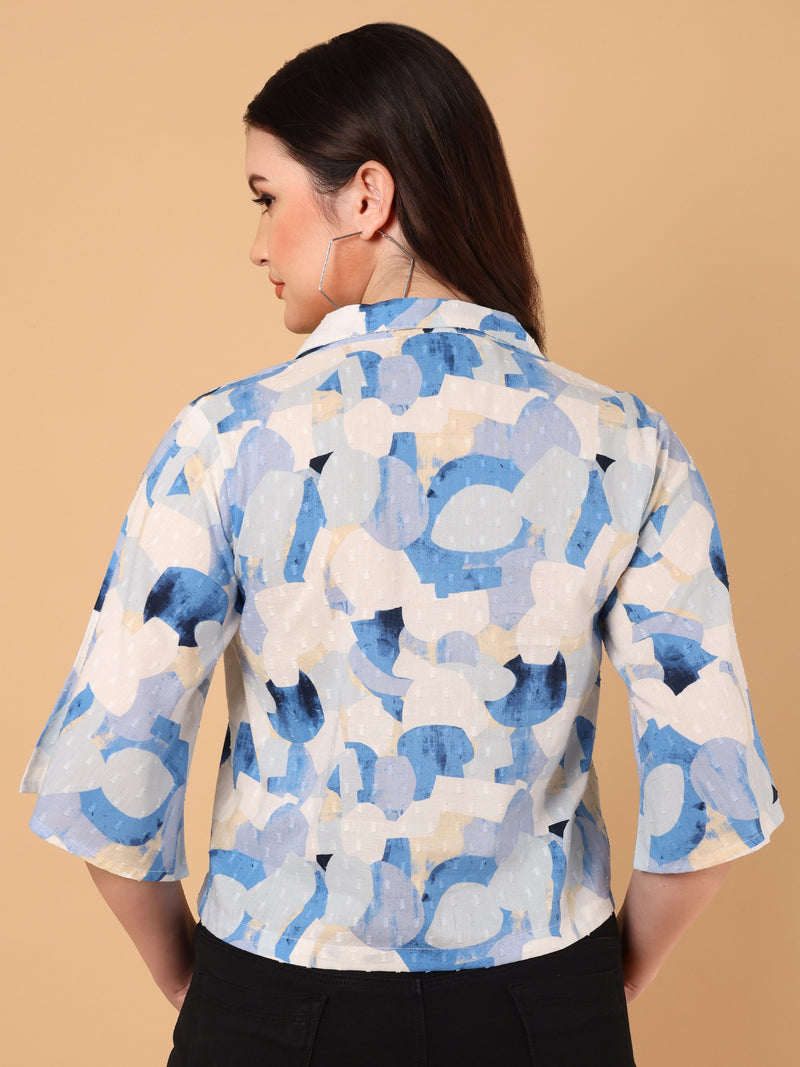 Abstract Printed Shirt Collar Top
