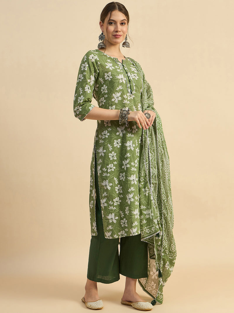 Floral Printed Straight Kurta With Palazzo & Dupatta Set