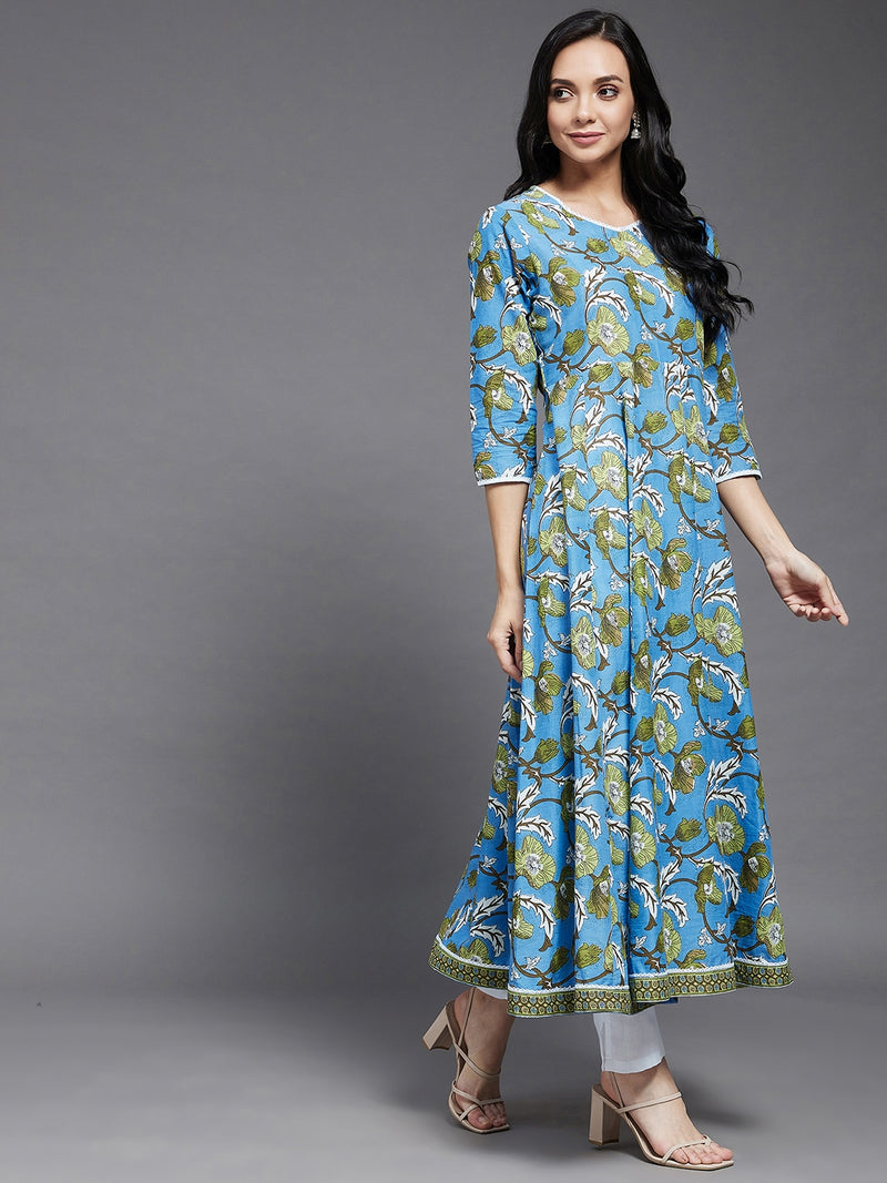 Blue and Green Floral Printed Anarkali Kurta