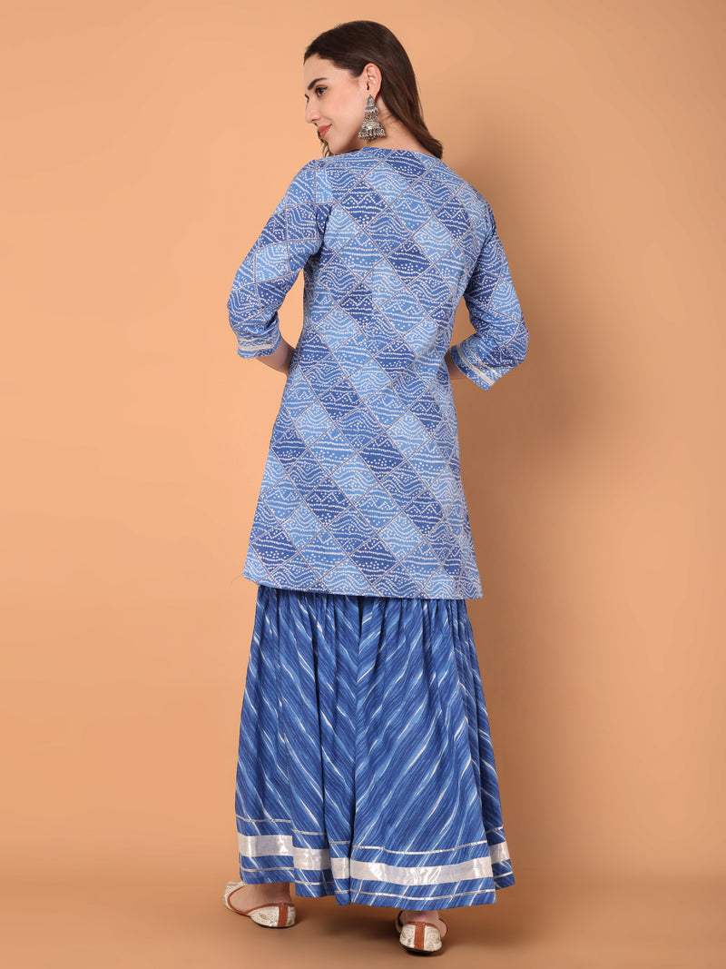 Bandhani Printed Kurta Set With Sharara & Dupatta Set