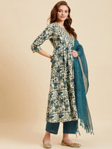 Floral Printed Kurta With Palazzo & Dupatta Set