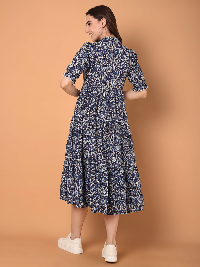 Printed Mandarin Collared Midi Dress
