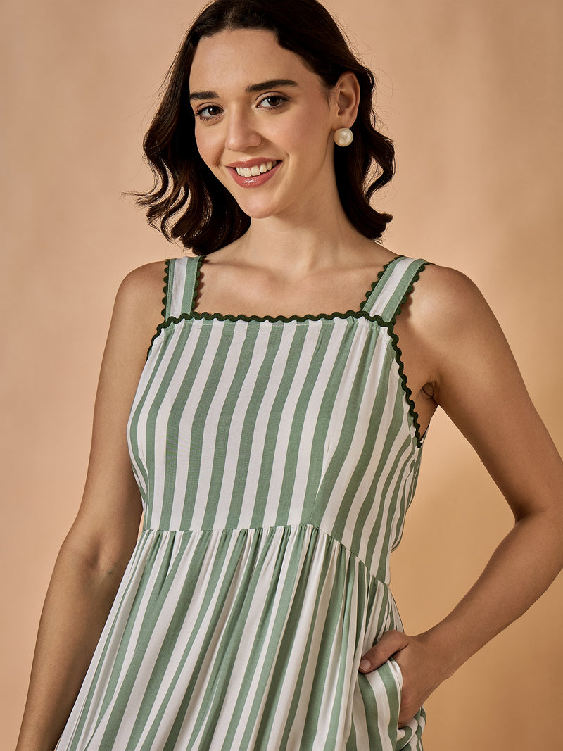 Green Square Neck Striped Dress
