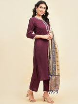 Purple Rayon Straight Calf Length Kurta With Palazzo Dupatta Set