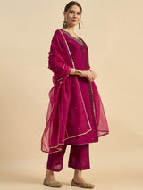 Solid Embroidered Straight Kurta With Palazzo & Dupatta Set