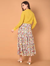 Floral Printed Flared Dress With Solid Jacket