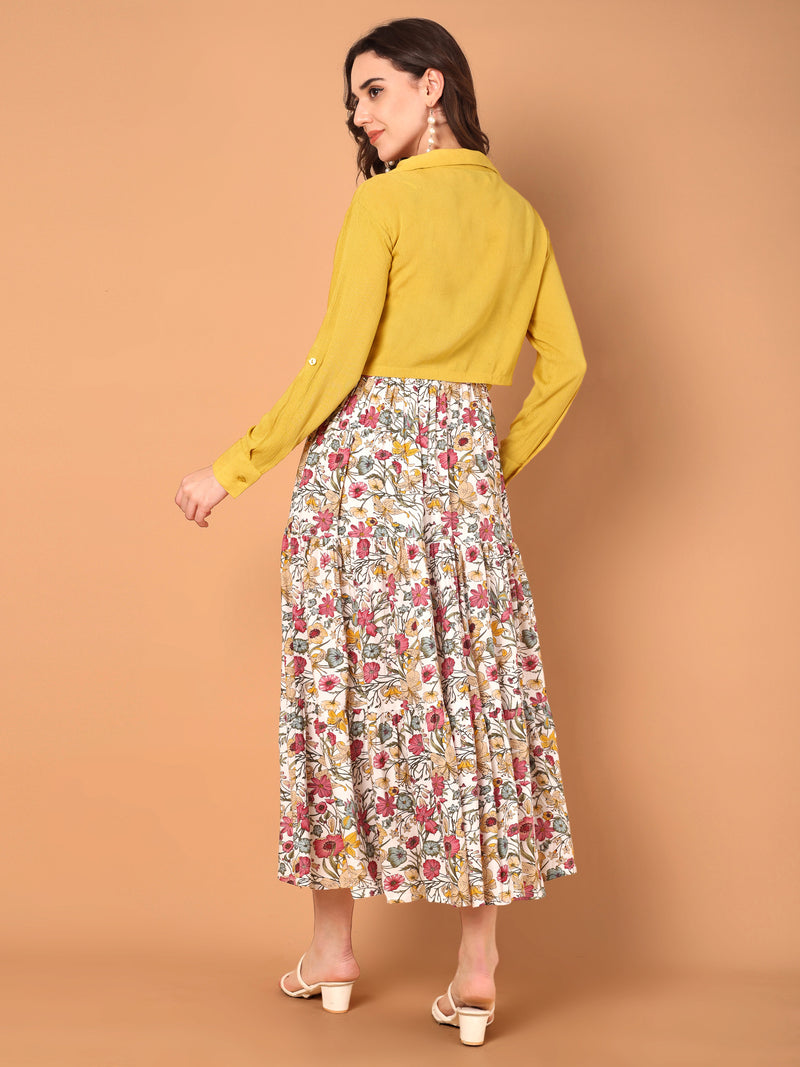 Floral Printed Flared Dress With Solid Jacket