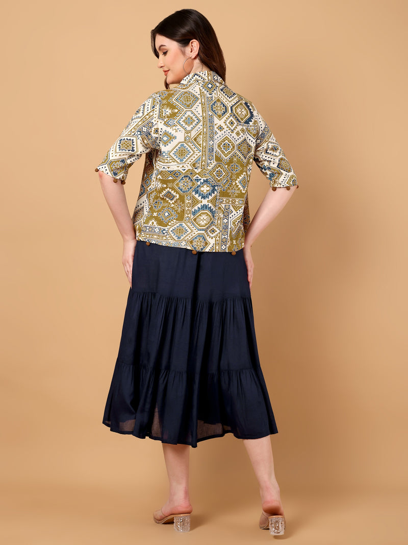 Gathered Dress with Printed jacket