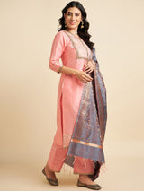 Peach Raw Silk Straight Calf Length Kurta With Palazzo Dupatta Set