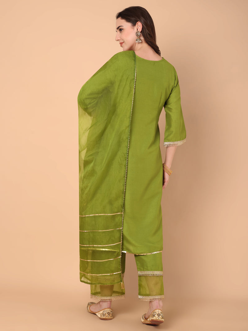 Embroidered Kurta With Palazzo & Dupatta Set