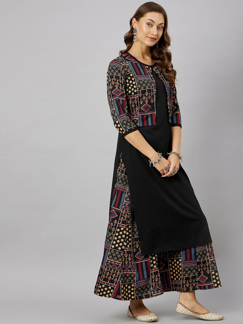 Printed Black Kurta With Palazzo & Jacket Set