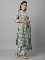 Green Printed Cotton Kurta With Dupatta & Palazzo