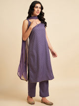 Purple Gold Cut Sleeve Straight Kurta Set With Dupatta