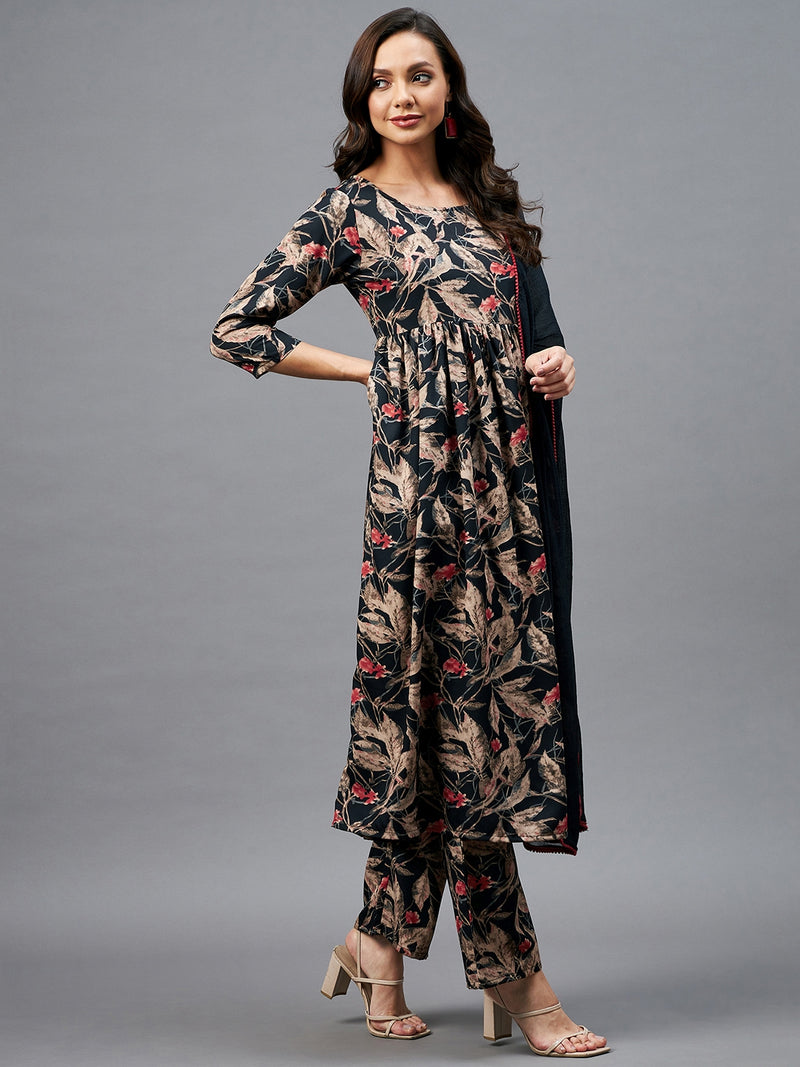 Floral Printed Kurta Set with Palazzo & Dupatta