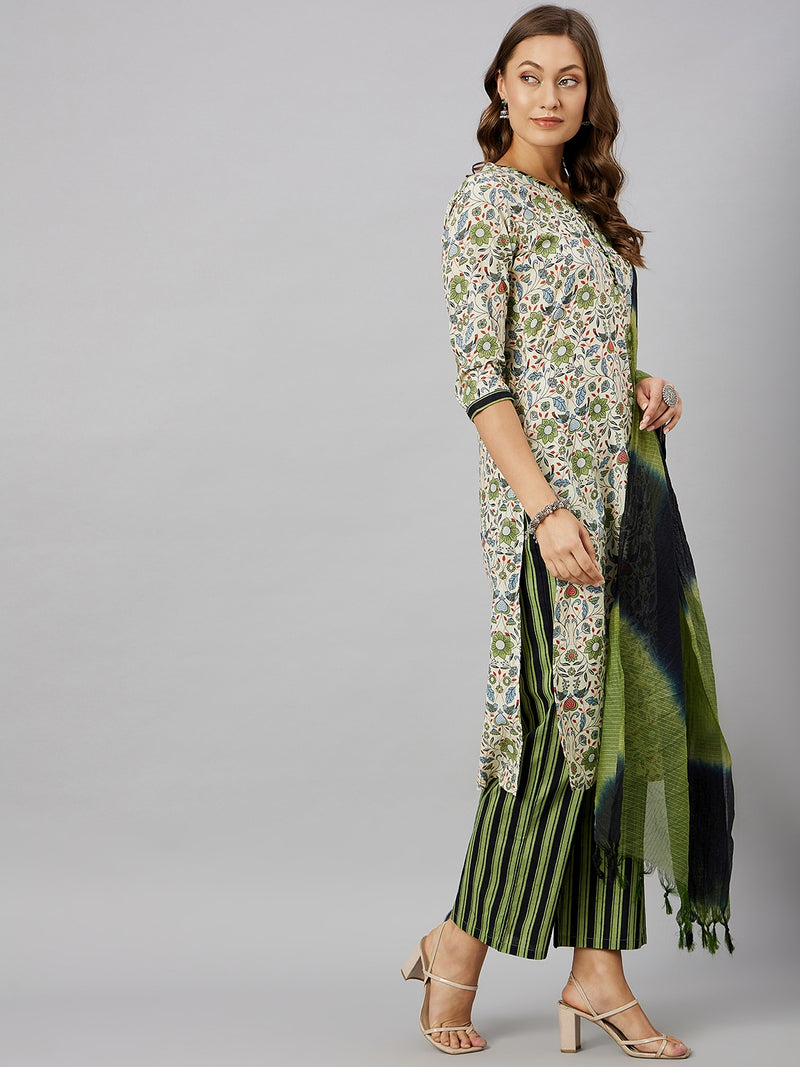 Floral Printed Kurta With Palazzo & Dupatta Set