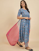 Floral Printed Kurta With Palazzo & Dupatta Set