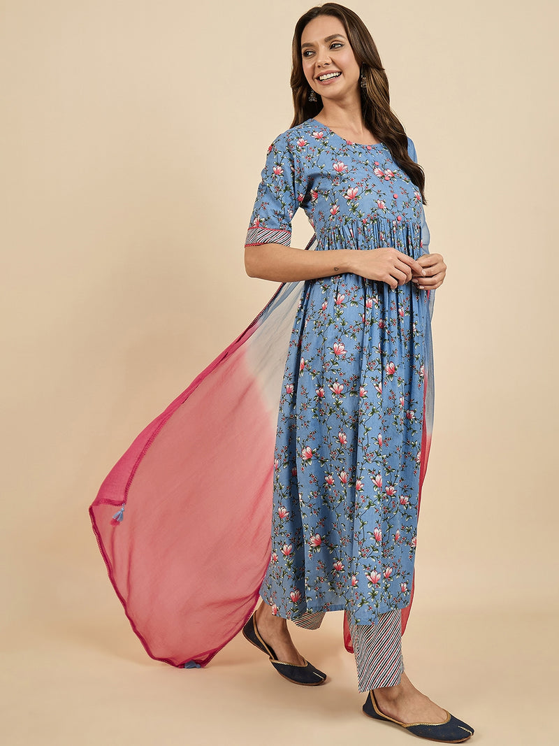 Floral Printed Kurta With Palazzo & Dupatta Set