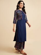 Blue Straight Kurta With Palazzo and Jacket