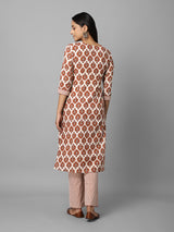 Beige and Brown Ethnic Printed Side Slit Straight Kurta With Palazzo Set