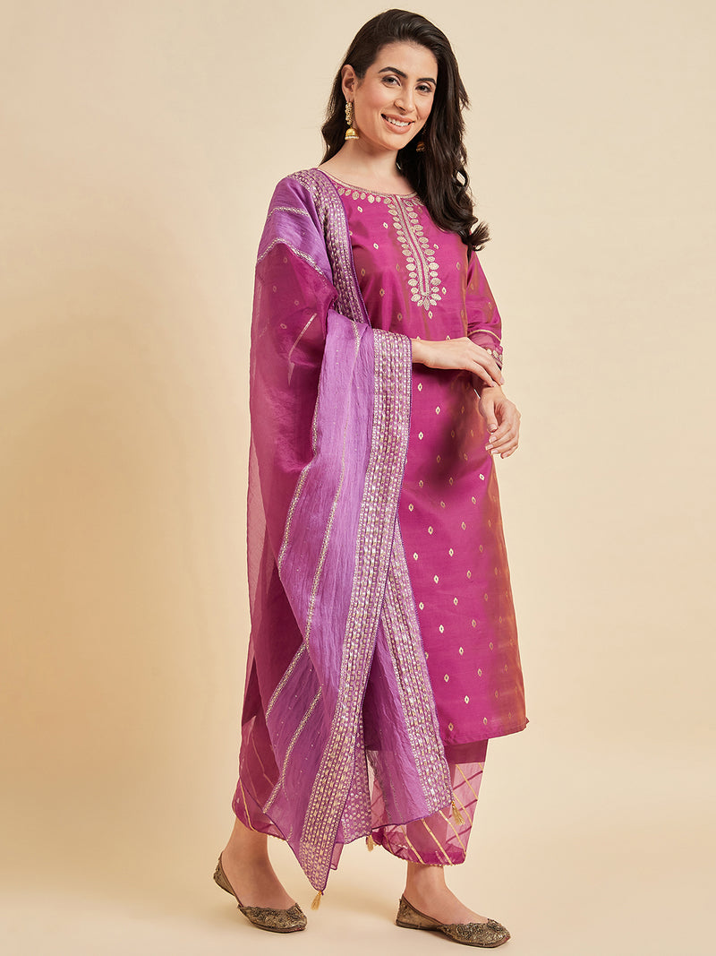 Straight Magenta Kurta With Palazzo & Dupatta set