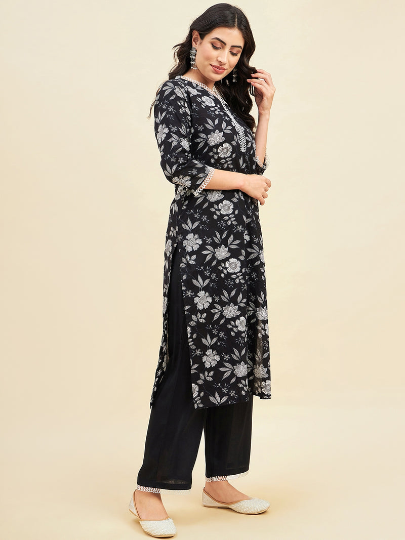 Black Cotton Straight Calf Length Kurta With Palazzo Set