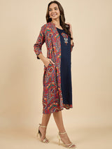 Solid A line Dress With Printed Shrug