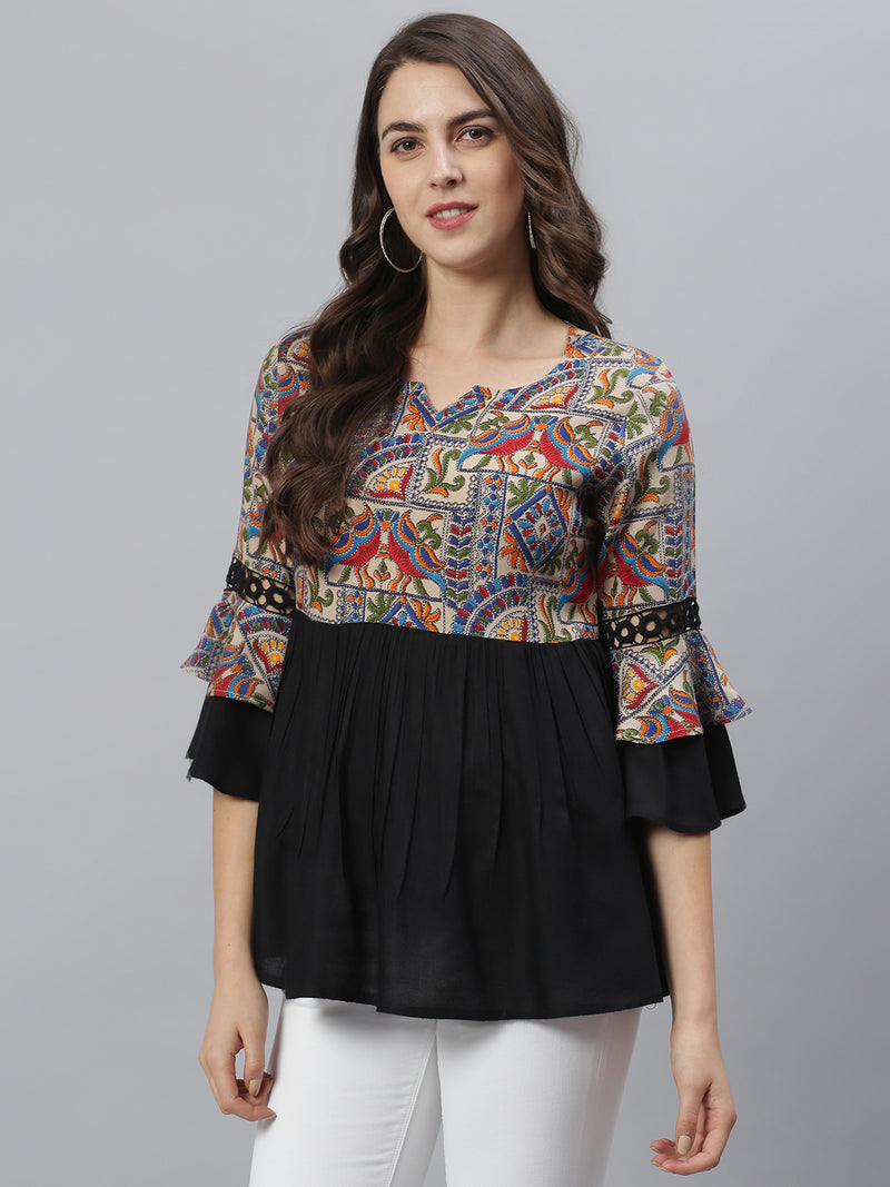 Black and Beige Abstract Printed Gathered Top