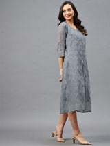 Grey and Golden Checks Printed A-Line Dress