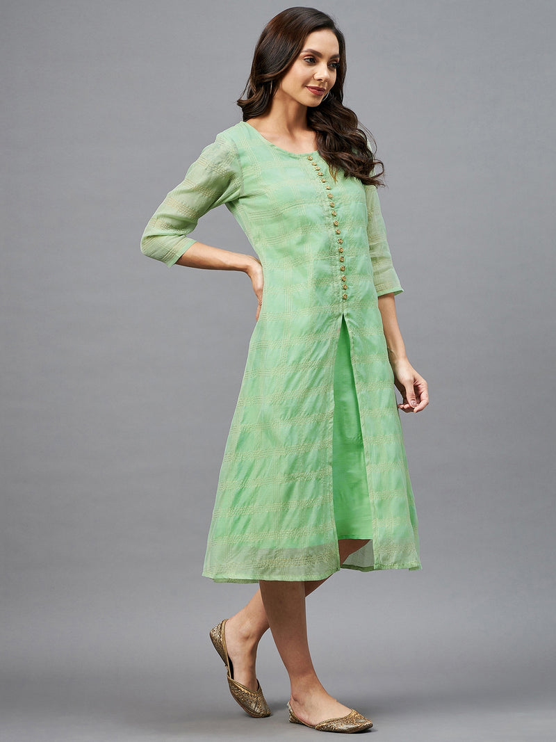 Green and Golden Checks Printed A-Line Dress